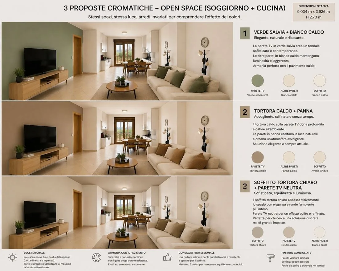 Render con tre proposte cromatiche per l'open space soggiorno e cucina